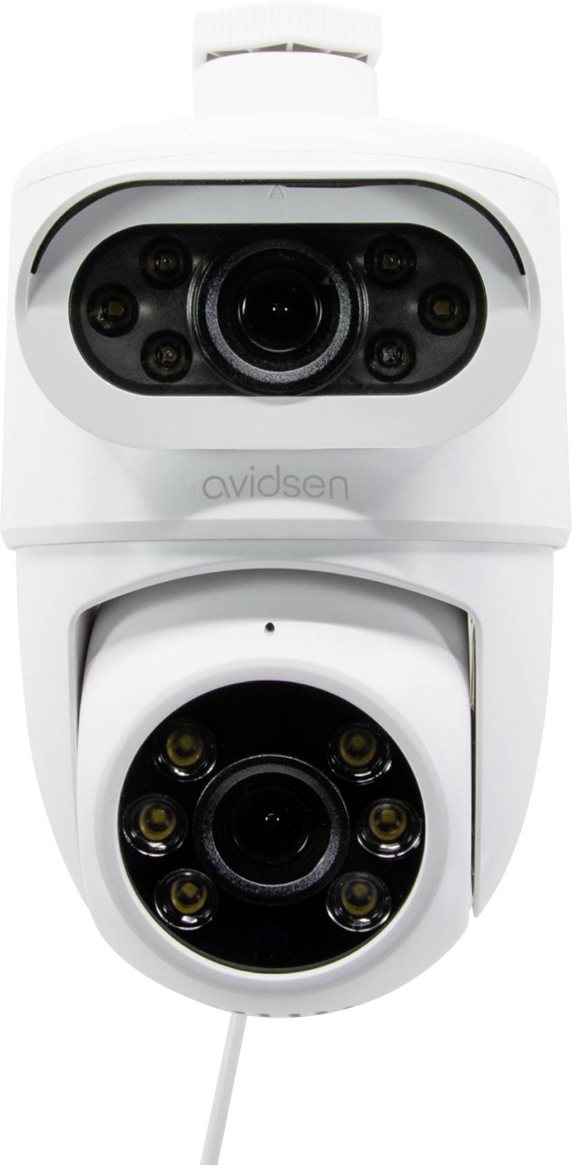A white security camera with two lenses and several infrared sensors on a white background, designed for surveillance purposes.