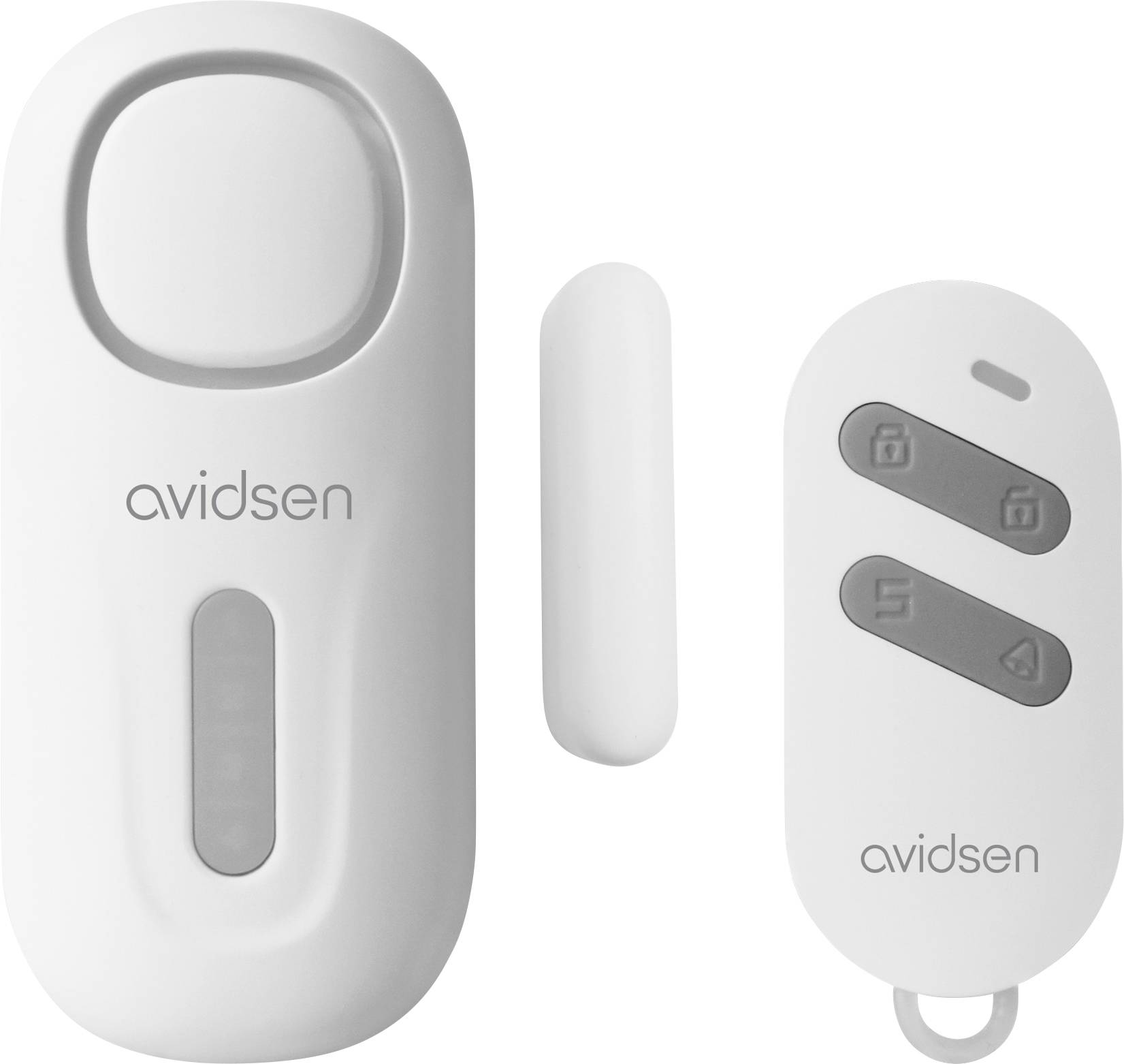 'Avidsen' doorbell kit showing a white wall-mounted unit, a button, and a remote control with two buttons for activation.