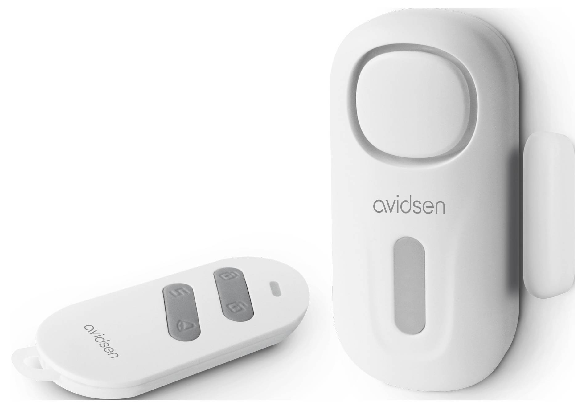 Avidsen-branded wireless door alarm system with a remote control featuring three buttons. Primarily white, modern design for home security.