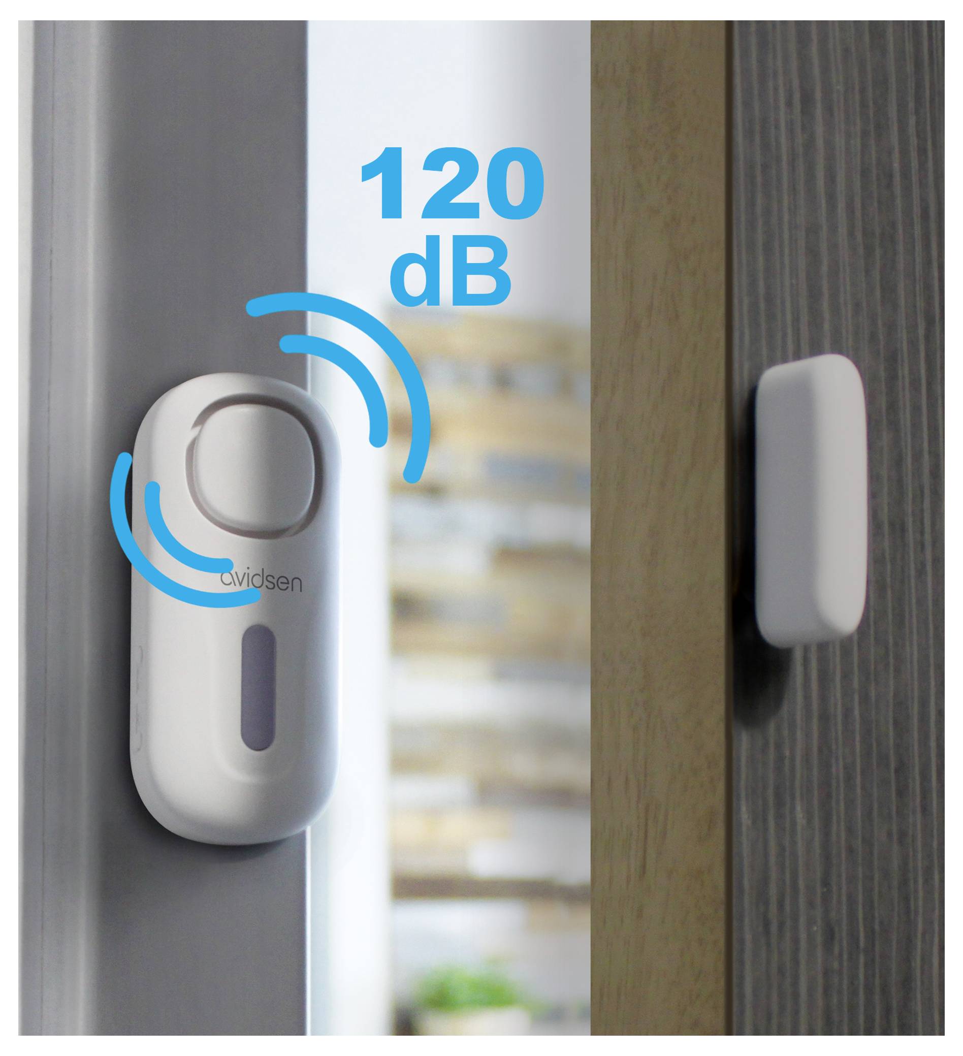 'A white door alarm, with a magnetic sensor on the doorframe, indicates a sound level of 120 dB with blue sound waves shown.'