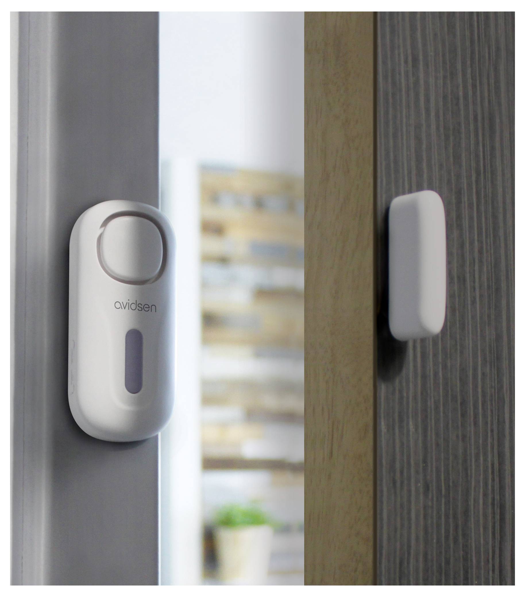 A close-up of a door with an 'avidsen' wireless door sensor installed, showing its main unit on the frame and the magnet on the door.