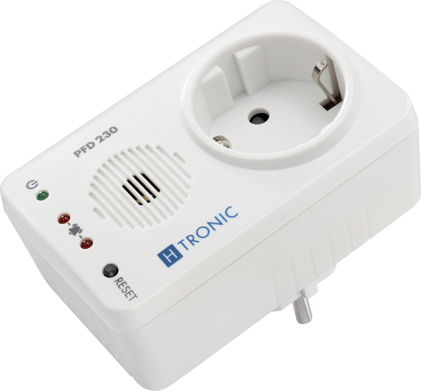 A plug-in power failure detector with a socket outlet, labeled 'PFD 230' and 'H Tronic.' Features LED indicators and a reset button.