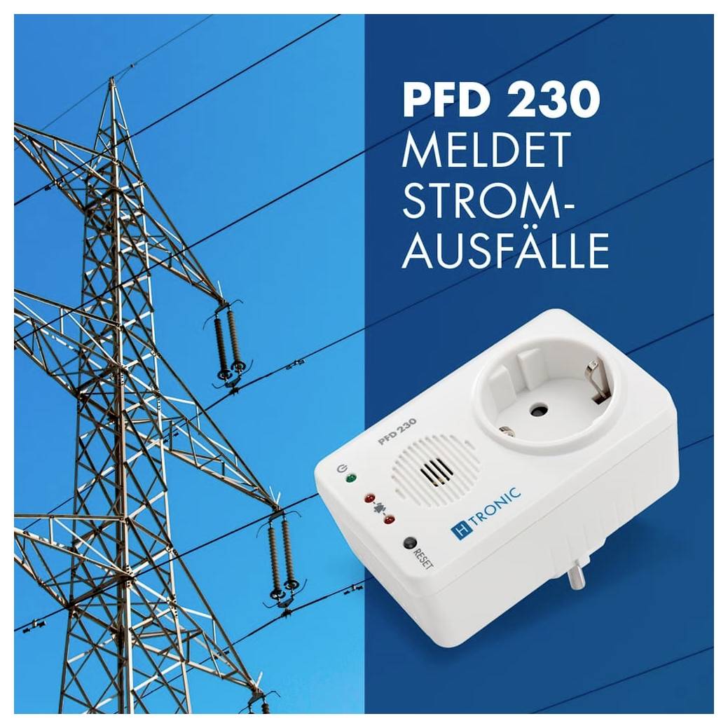 'PFD 230 reports power outages.' On the left a electricity pylon, on the right a socket with labelling.