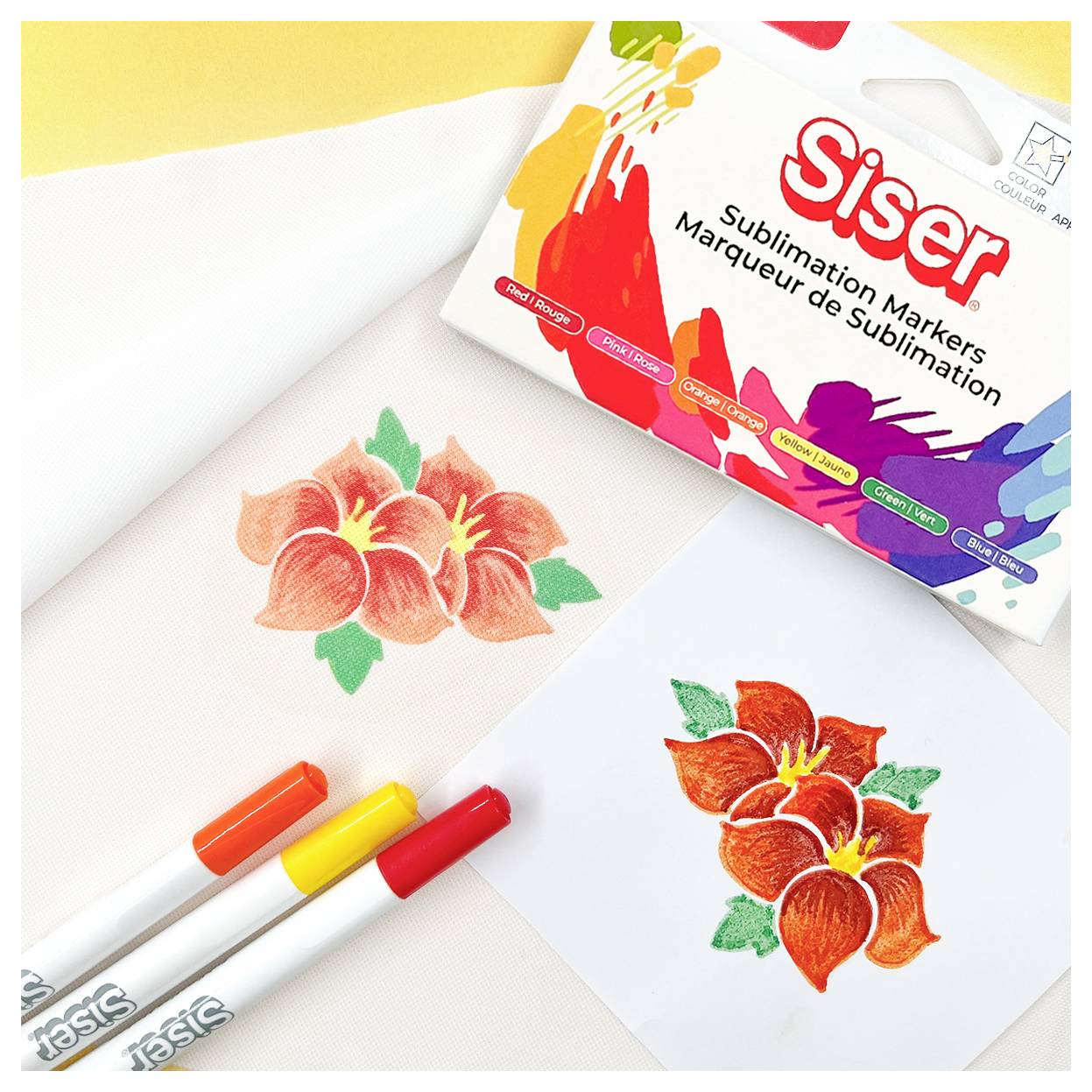 'Siser Sublimation Markers' package, two markers, and colored floral design on fabric with orange and red flowers, illustrating sublimation.