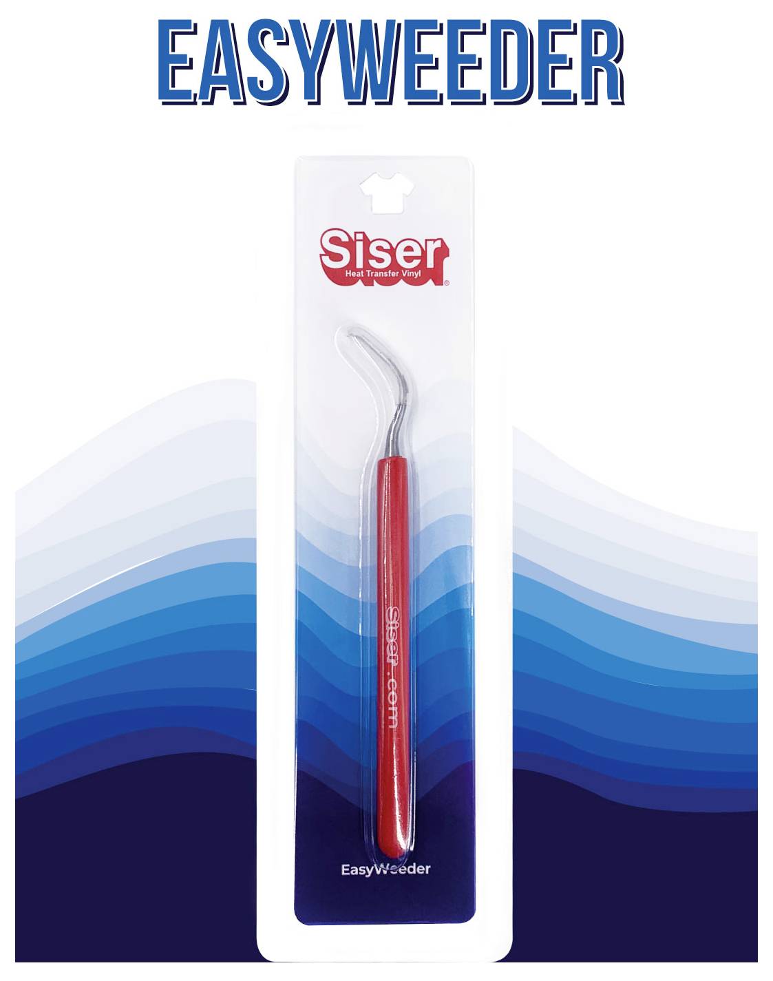 A red EasyWeeder tool in packaging blisters against a blue wave background. Title 'EASYWEEDER' at top and 'Siser' logo on packaging.