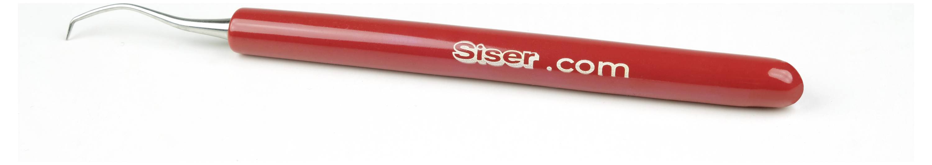 A red weeding tool with a metal hook, imprinted with the website 'Siser.com', used for vinyl crafting and precision work.