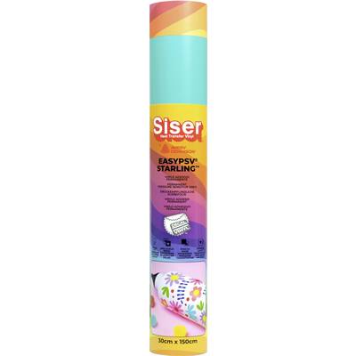 A roll of Siser EasyPSV Starling heat transfer vinyl, 30cm x 150cm, featuring a vibrant, multicolored rainbow packaging design.