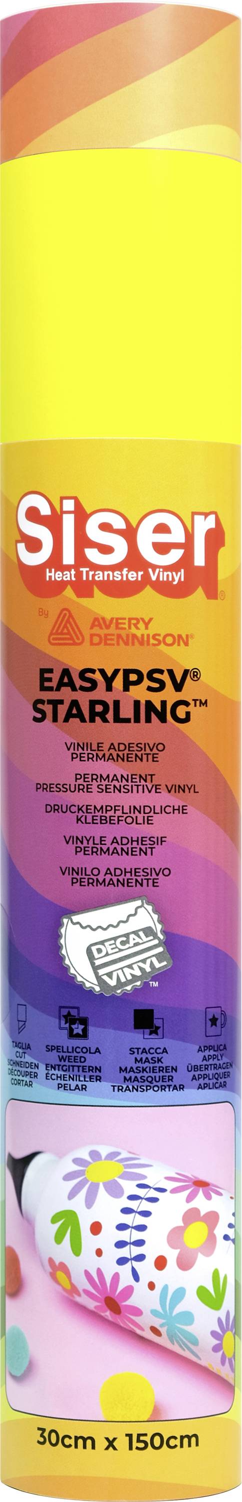 A cylindrical packaging for 'Siser EasyPSV Starling' in fluorescent yellow and purple, showing compatibility details and dimensions of 30cm x 150cm.