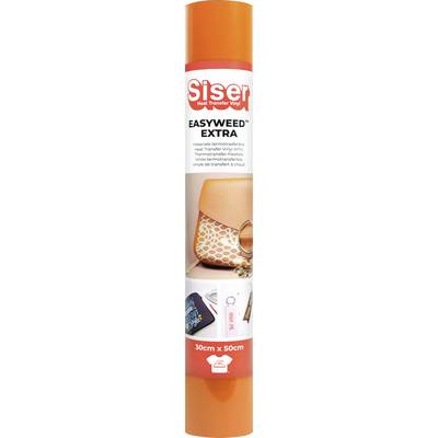 An orange roll of 'Siser EasyWeed Extra' heat transfer vinyl, 30cm x 50cm, with images of decorated items like a bag and keychain for crafting inspiration.