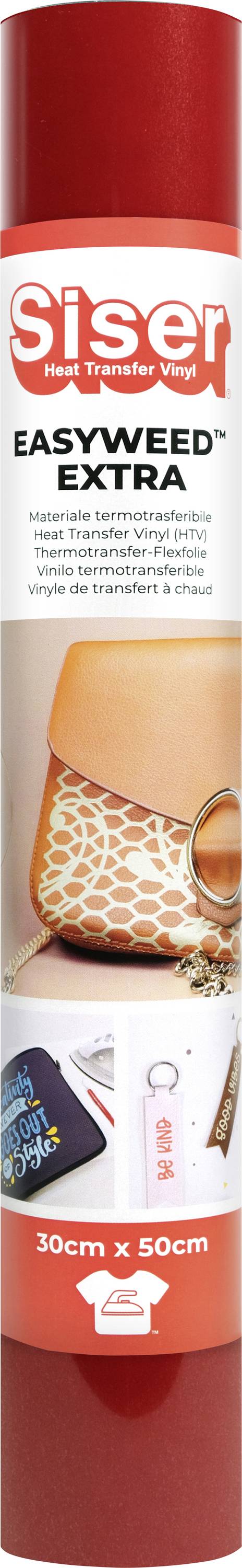 Roll of Siser EasyWeed Extra material in red packaging, featuring the logo and product uses, like decorating bags. Size: 30cm x 50cm.