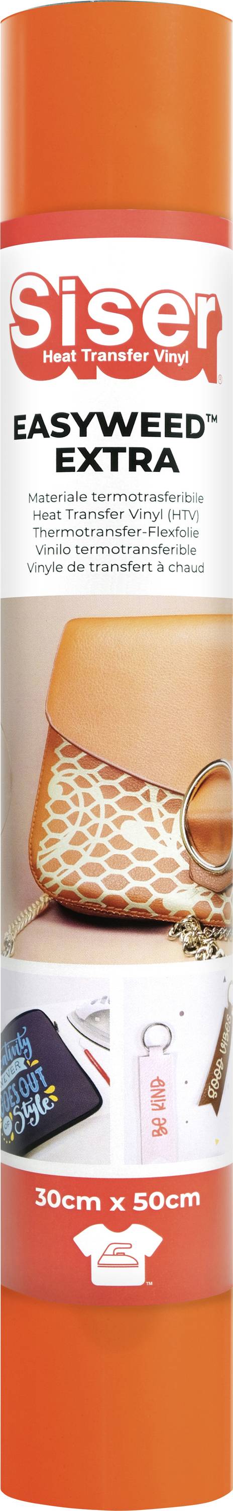 Orange roll of Siser EasyWeed Extra, 30cm x 50cm. Features images of decorated items and promotes the product's vinyl crafting use.