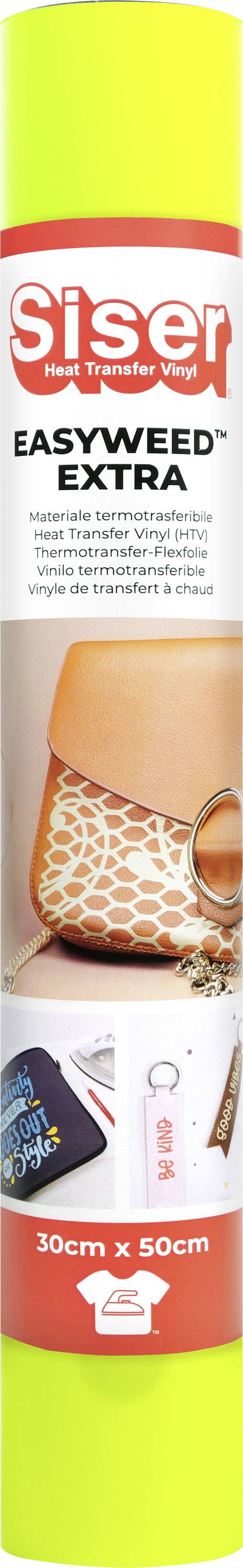 Packaging tube of Siser EasyWeed Extra, showing a textured, patterned bag design and crafts, labeled '30cm x 50cm'.