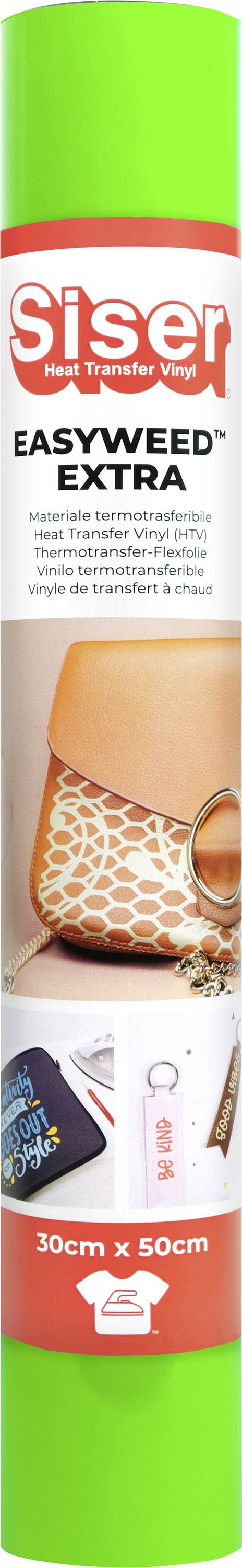 A roll of Siser EasyWeed Extra in green packaging, showcasing its application on fabric items, measuring 30cm x 50cm.