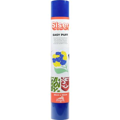 A roll of blue Siser Easy Puff vinyl, size 30cm x 50cm, with flower and number designs on the label.
