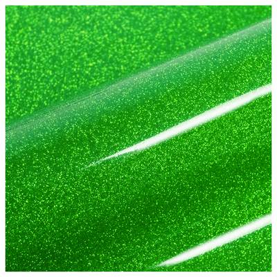 Close-up of a vibrant green glitter surface with a smooth, glossy texture and diagonal streaks creating a shimmering effect.