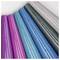 Six rolls of colorful, shiny wrapping paper arranged diagonally; colors include purple, pink, blue, turquoise, gray, and silver.