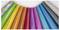 A row of colorful wrapping paper rolls arranged in a fan shape, featuring various bright colors including stripes, glitters, and solids.