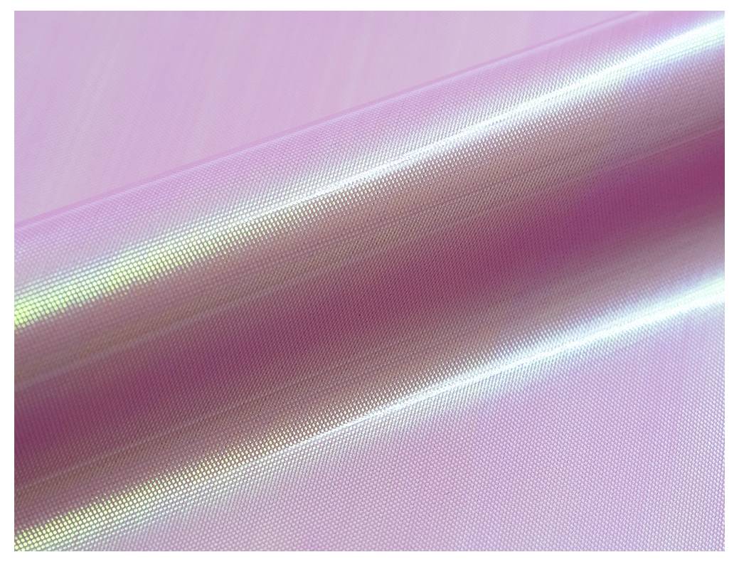 A roll of shimmering, iridescent fabric with a pink hue, showcasing a glossy and smooth texture in close-up.