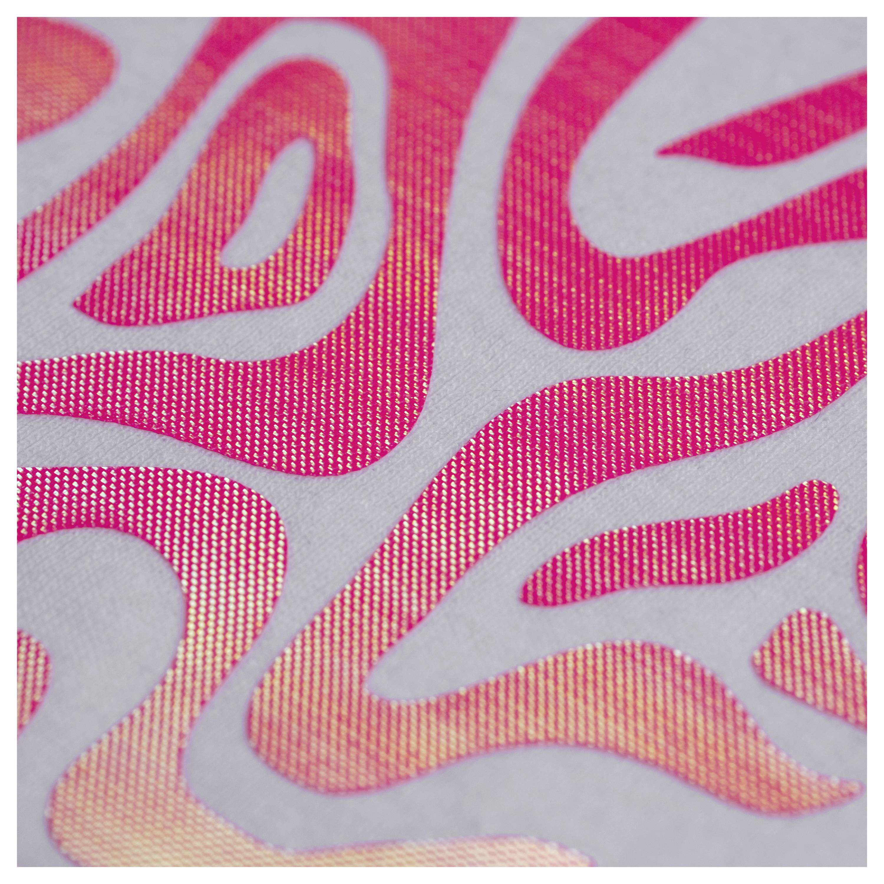 Abstract image featuring wavy pink and orange lines on a light gray background, creating a dynamic and flowing pattern.