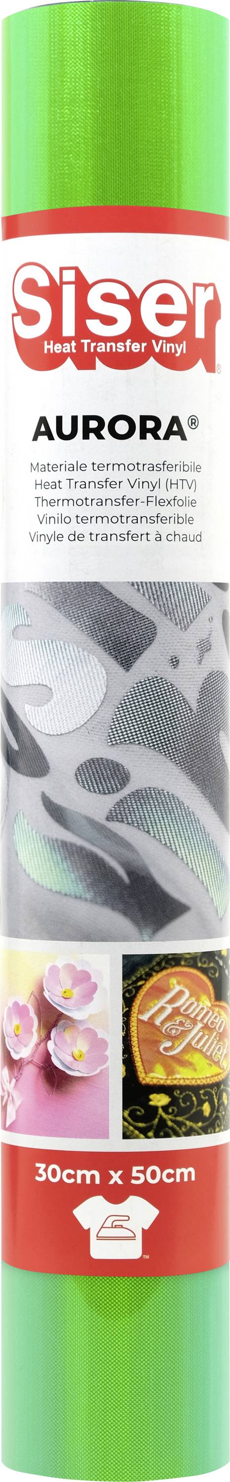 'Green Siser Aurora Heat Transfer Vinyl, 30cm x 50cm, easy to cut and apply to garments.'