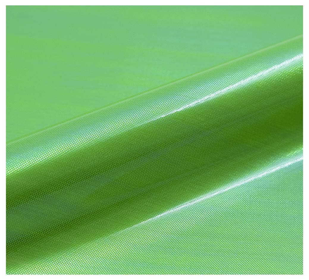 A close-up of a green iridescent fabric with a smooth, shiny texture and reflective surface.