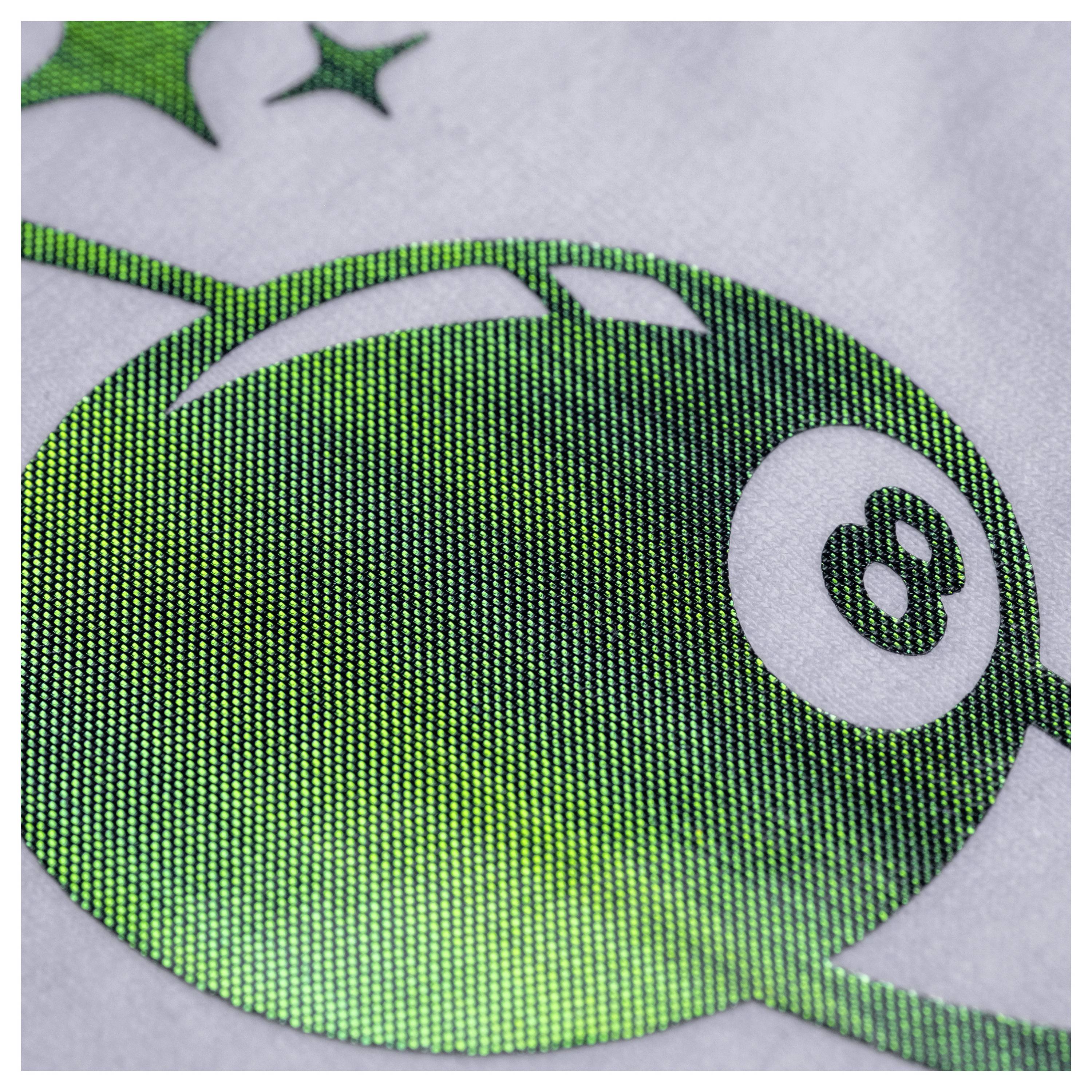 A close-up of a sparkling green graphic featuring a stylized number 8 ball with abstract star shapes in the upper left corner.
