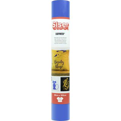 A blue roll labeled 'Siser' with 'Easyweed' on it. Images show a yellow pillow with 'Beauty Sleep', a blue cat, and a yellow guitar graphic.