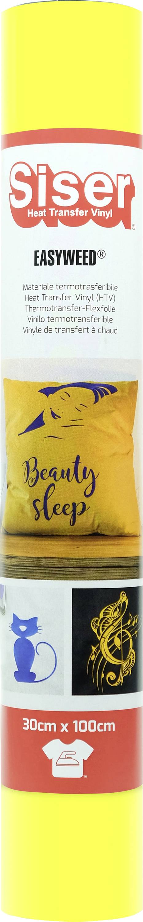 'Siser EasyWeed' heat transfer vinyl roll, 30cm x 100cm. Example designs: pillow with 'Beauty Sleep' text, cat silhouette, floral pattern.