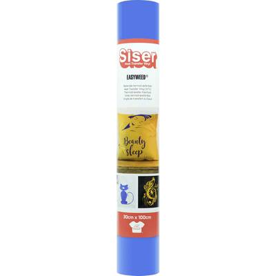 A roll of Siser EasyWeed heat transfer vinyl with examples: a yellow pillow with 'Beauty Sleep', a blue cat design, and a yellow musical note.