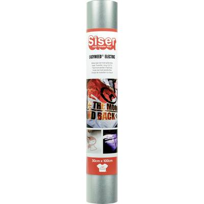 'EasyWeed Electric Heat Transfer Vinyl' by Siser. Roll measuring 30cm x 100cm, silver finish, used for vibrant garment designs.