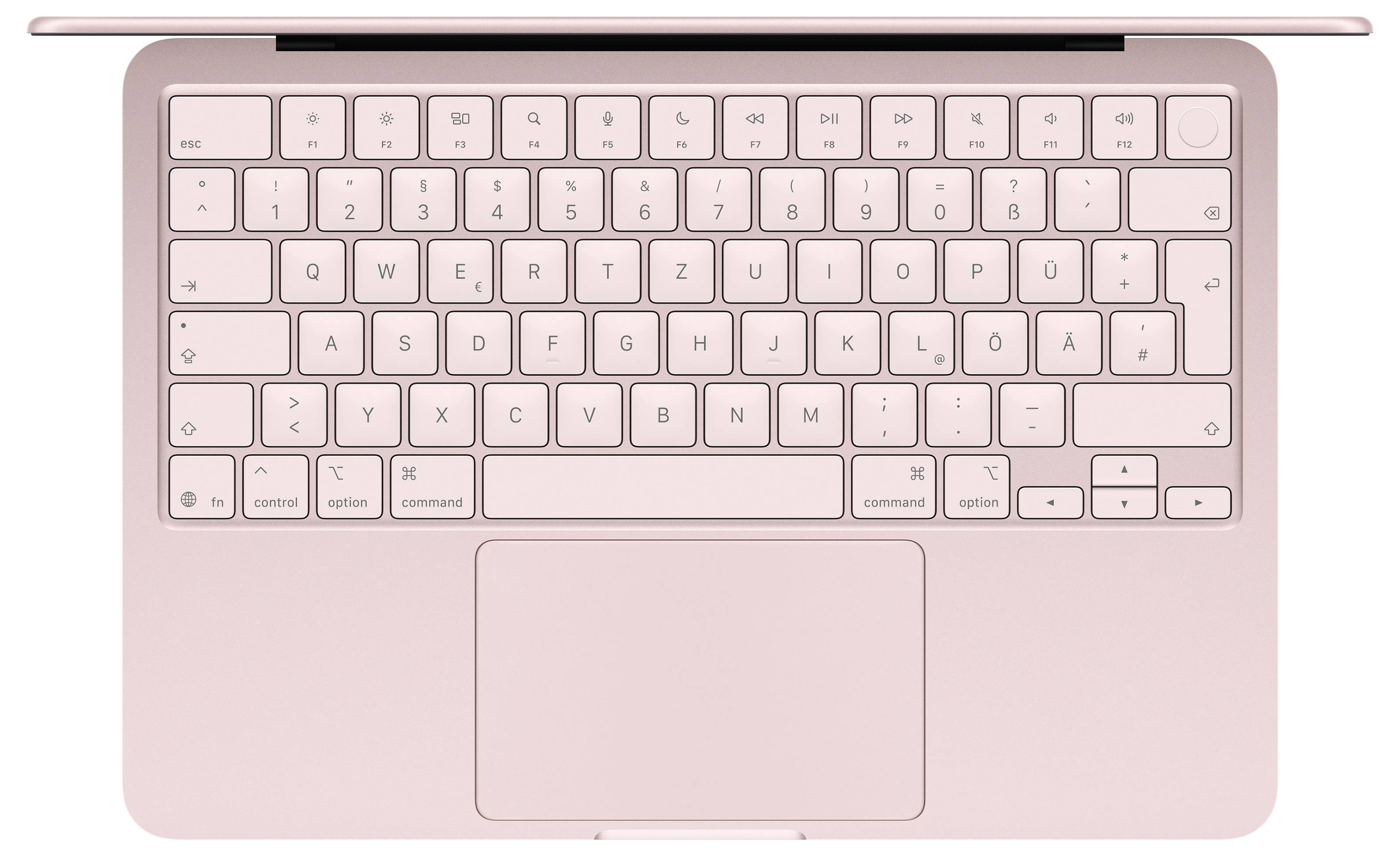 A pink laptop viewed from above, showing a compact keyboard layout with a large trackpad below.