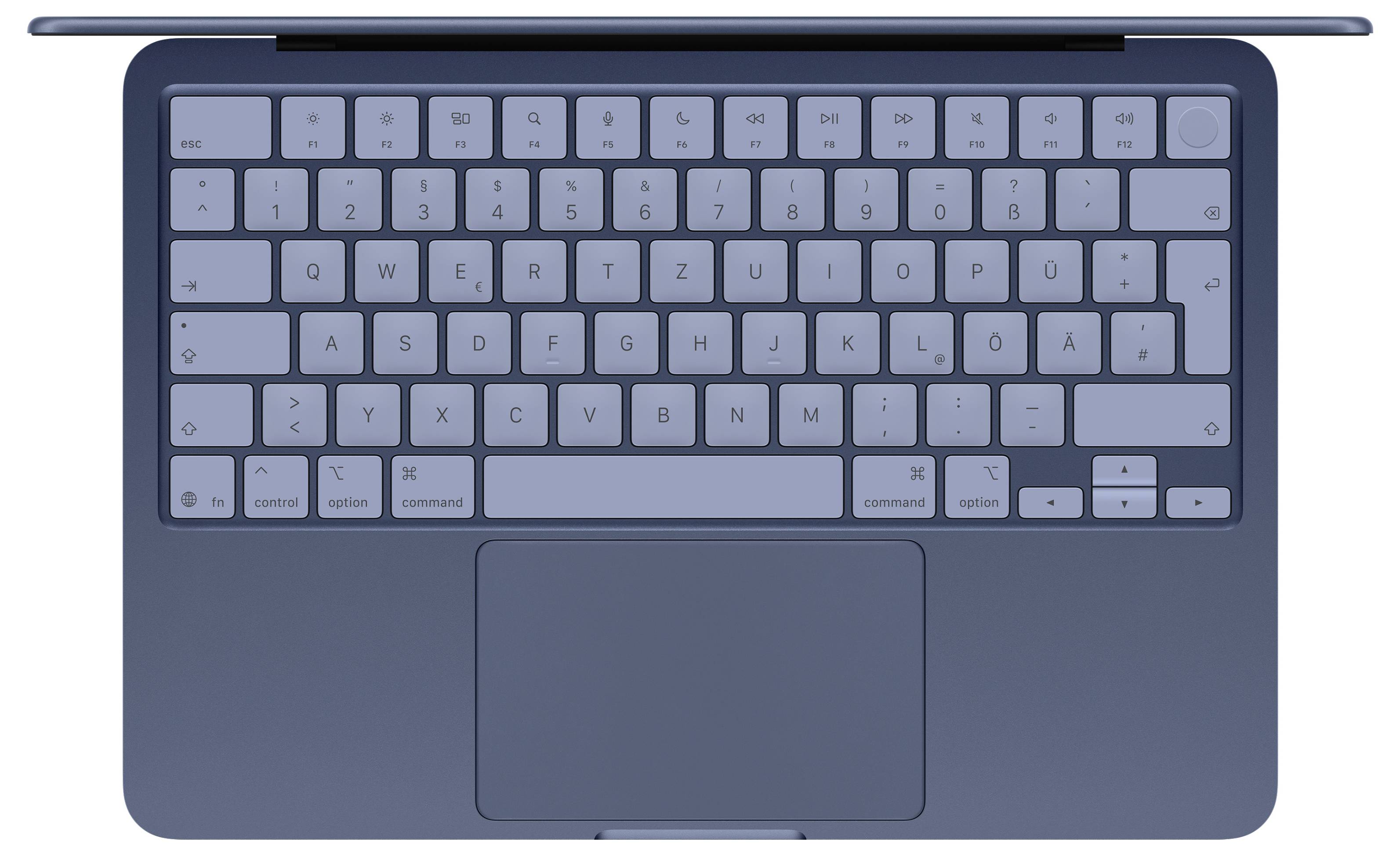 'Top view of a laptop keyboard and touchpad with a compact, minimalist design. Keys are labeled, and the keyboard is centered.'