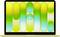 A laptop with a geometric, colorful screen saver featuring elongated ovals in shades of yellow, green, and blue.