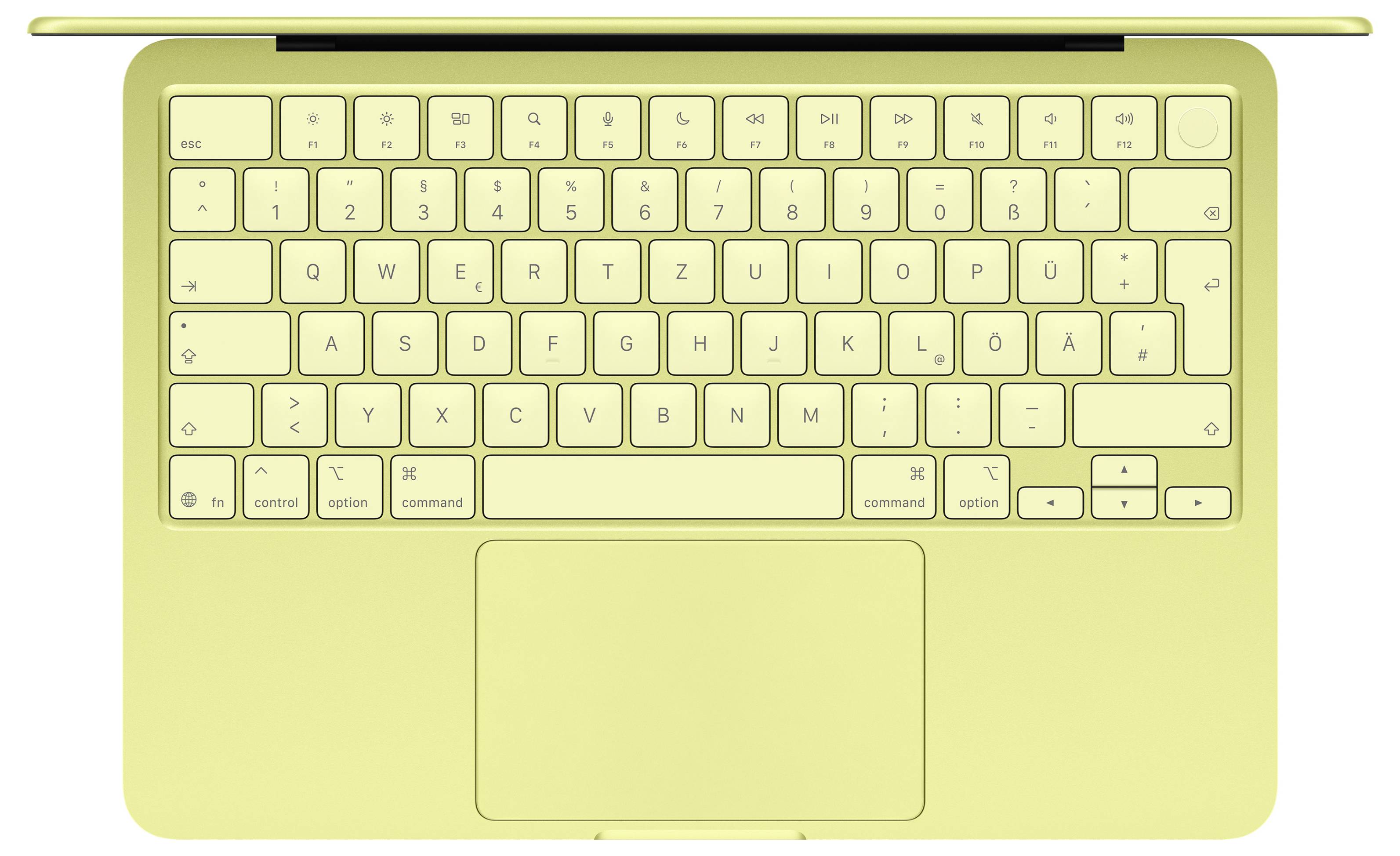 Top view of a yellow laptop keyboard and trackpad, showing a QWERTZ layout.