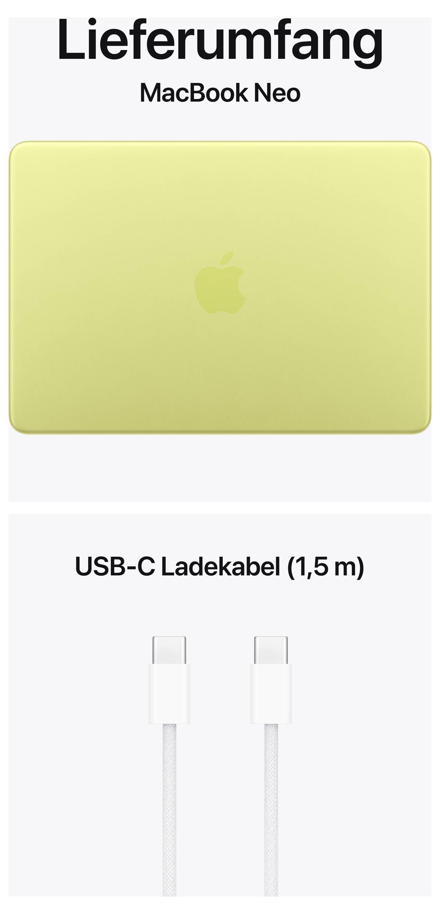 'Delivery contents: MacBook Neo in Yellow and USB-C charging cable (1.5 m).'