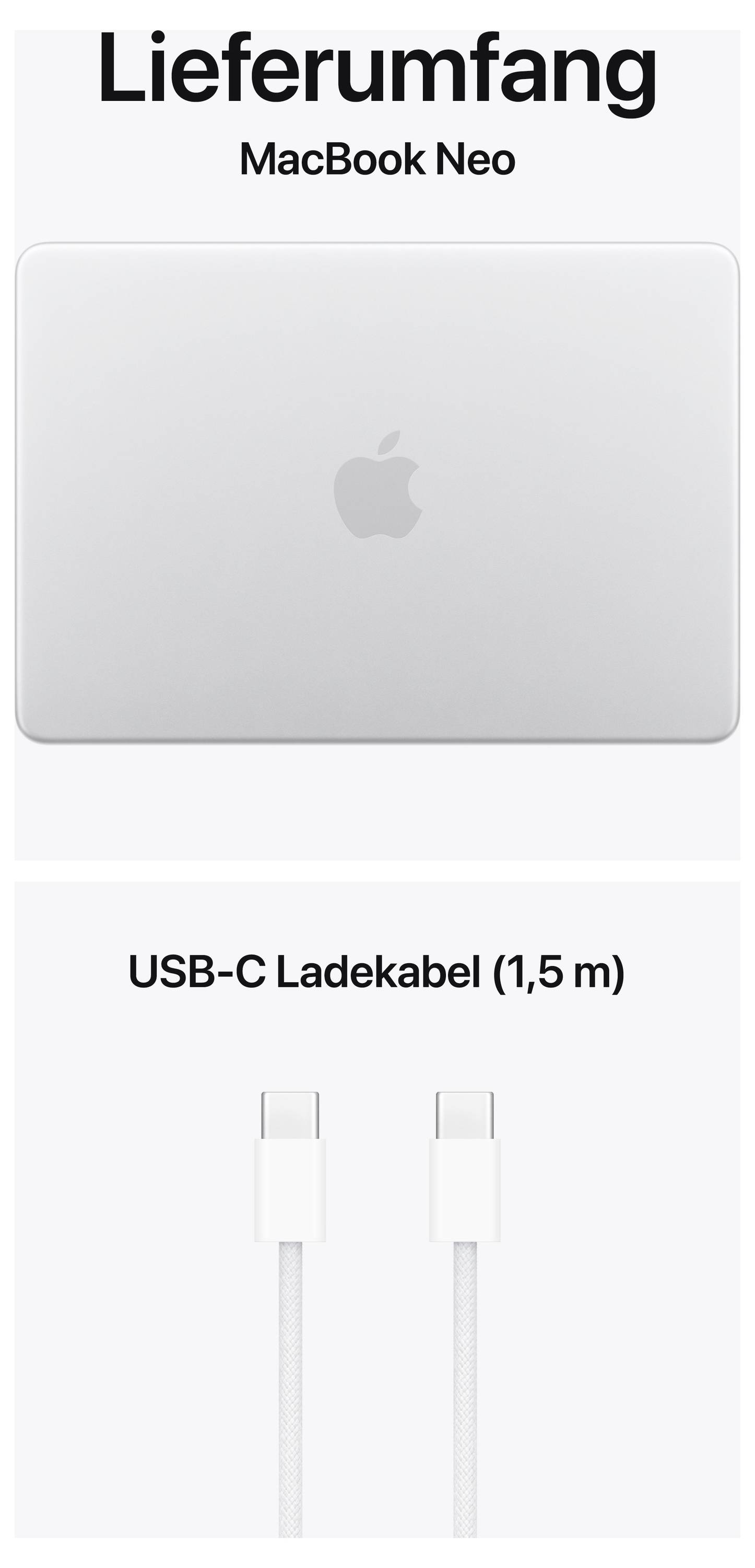 'MacBook Neo delivery contents' with illustrated closed laptop and USB-C charging cable (1.5 m) below.
