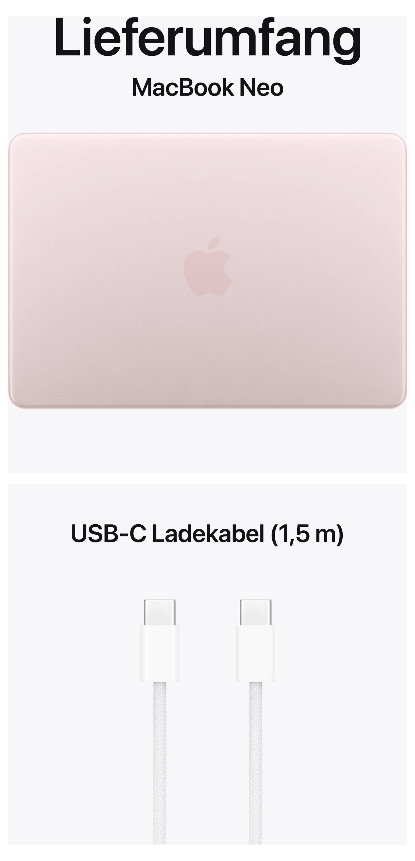 Image shows 'Contents: MacBook Neo' and a 'USB-C charging cable (1.5 m)'.