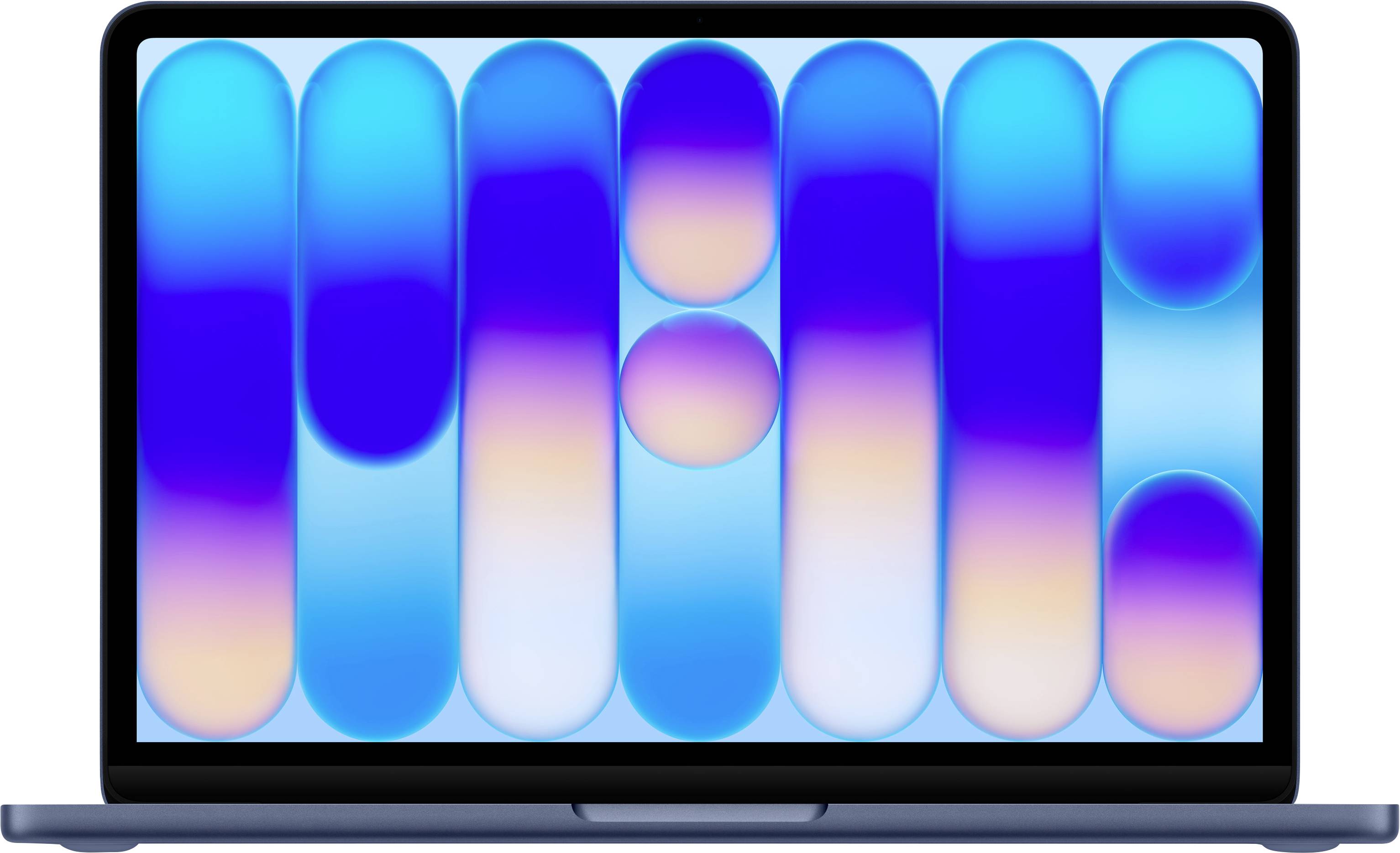 A laptop displaying an abstract blue and purple geometric pattern on the screen.