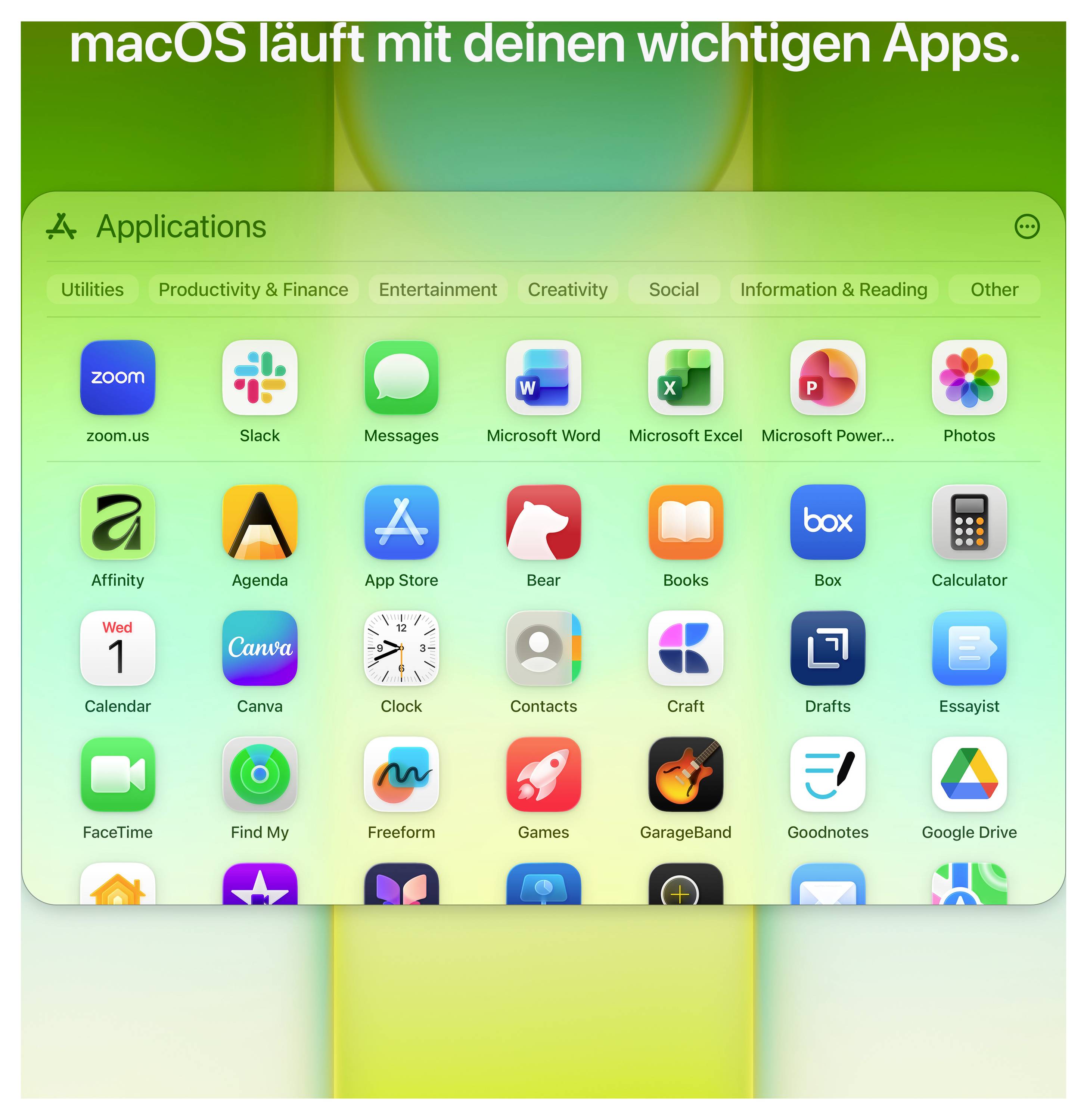A macOS desktop displays a folder window with numerous app icons and the German text 'macOS runs with your important apps'.