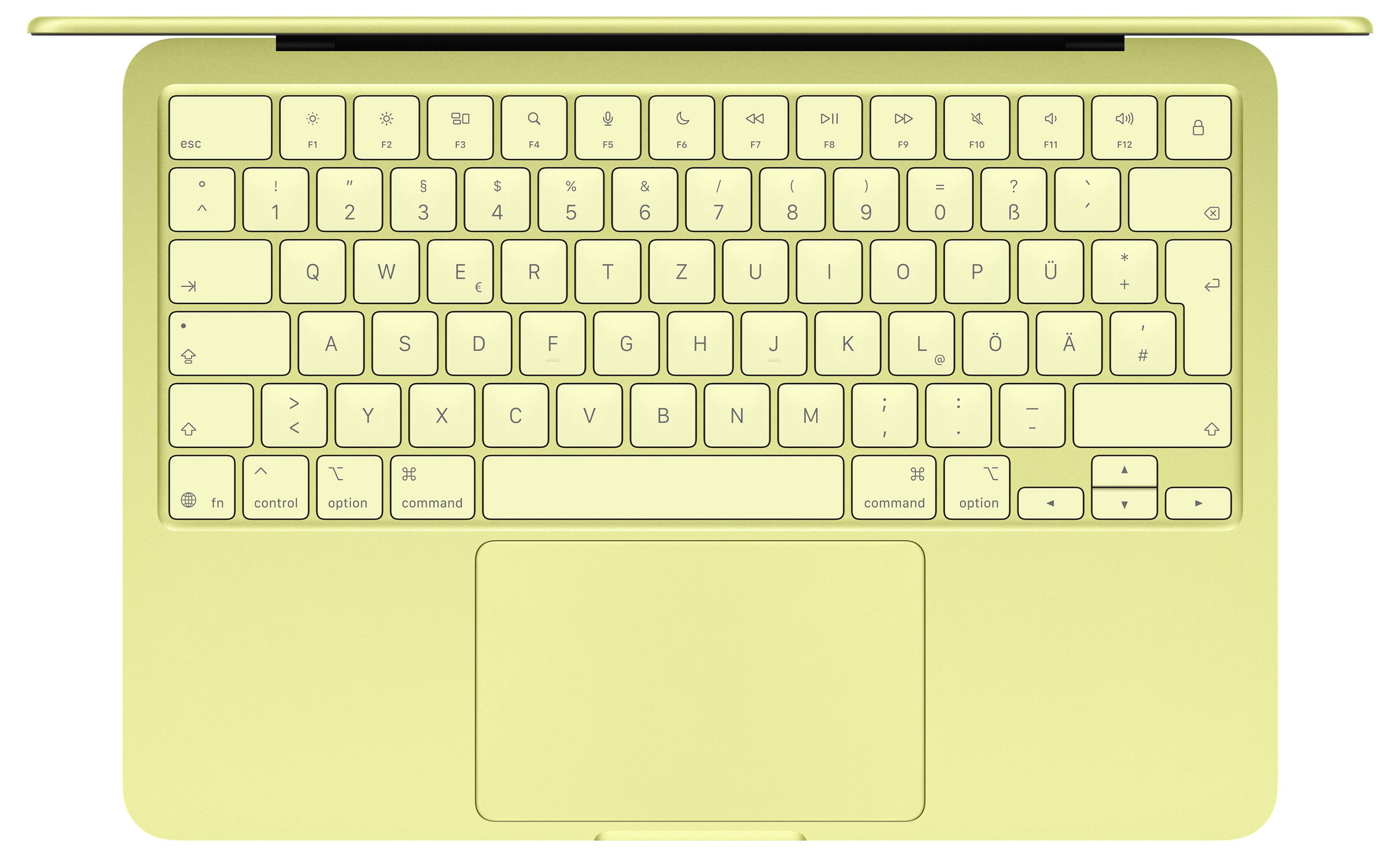 'Overhead view of a yellow laptop keyboard and trackpad on a matching laptop body.'