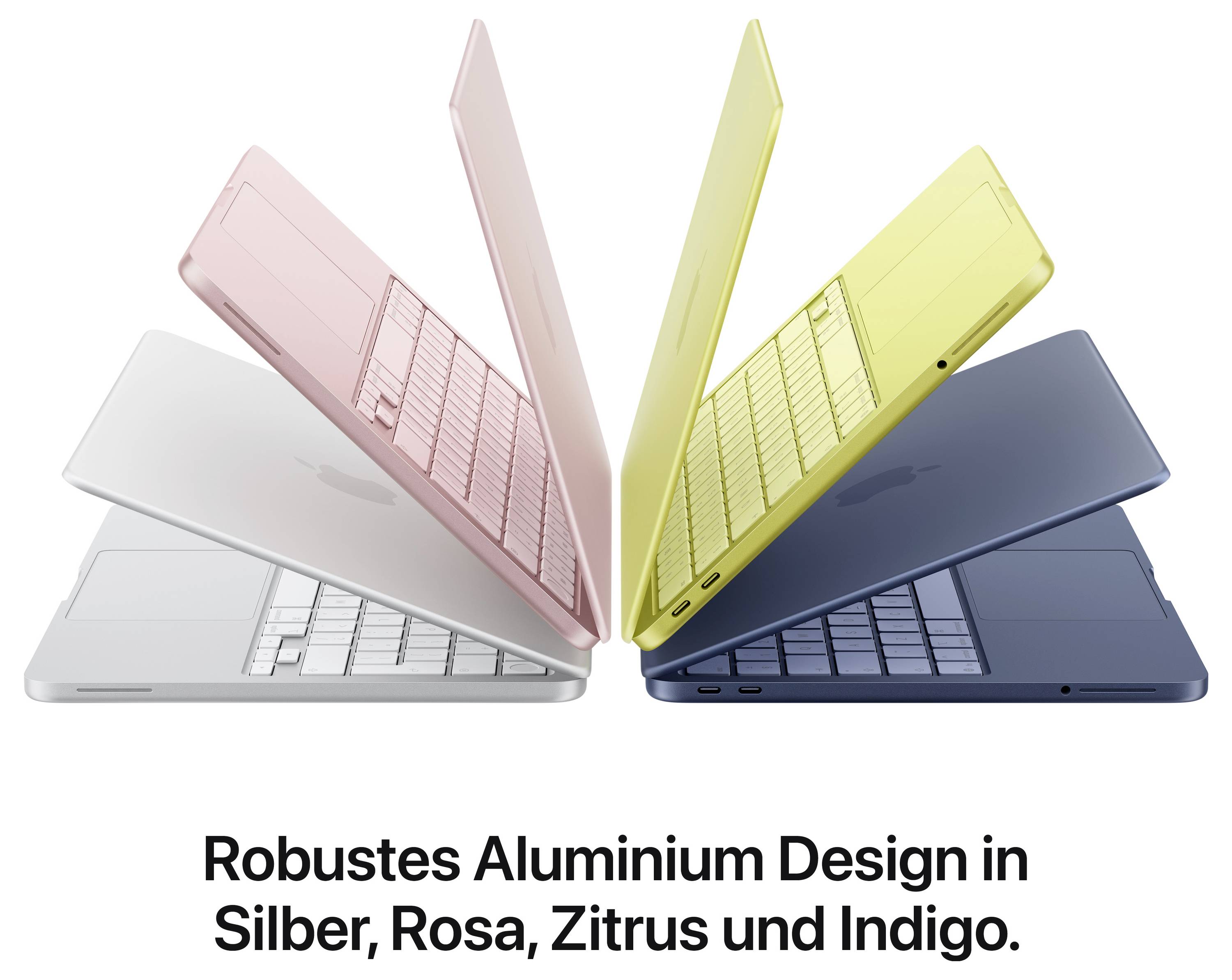 Two open laptops in the colours silver, rose, citrus and indigo are arranged in a circle, with the description 'Robust aluminium design'.