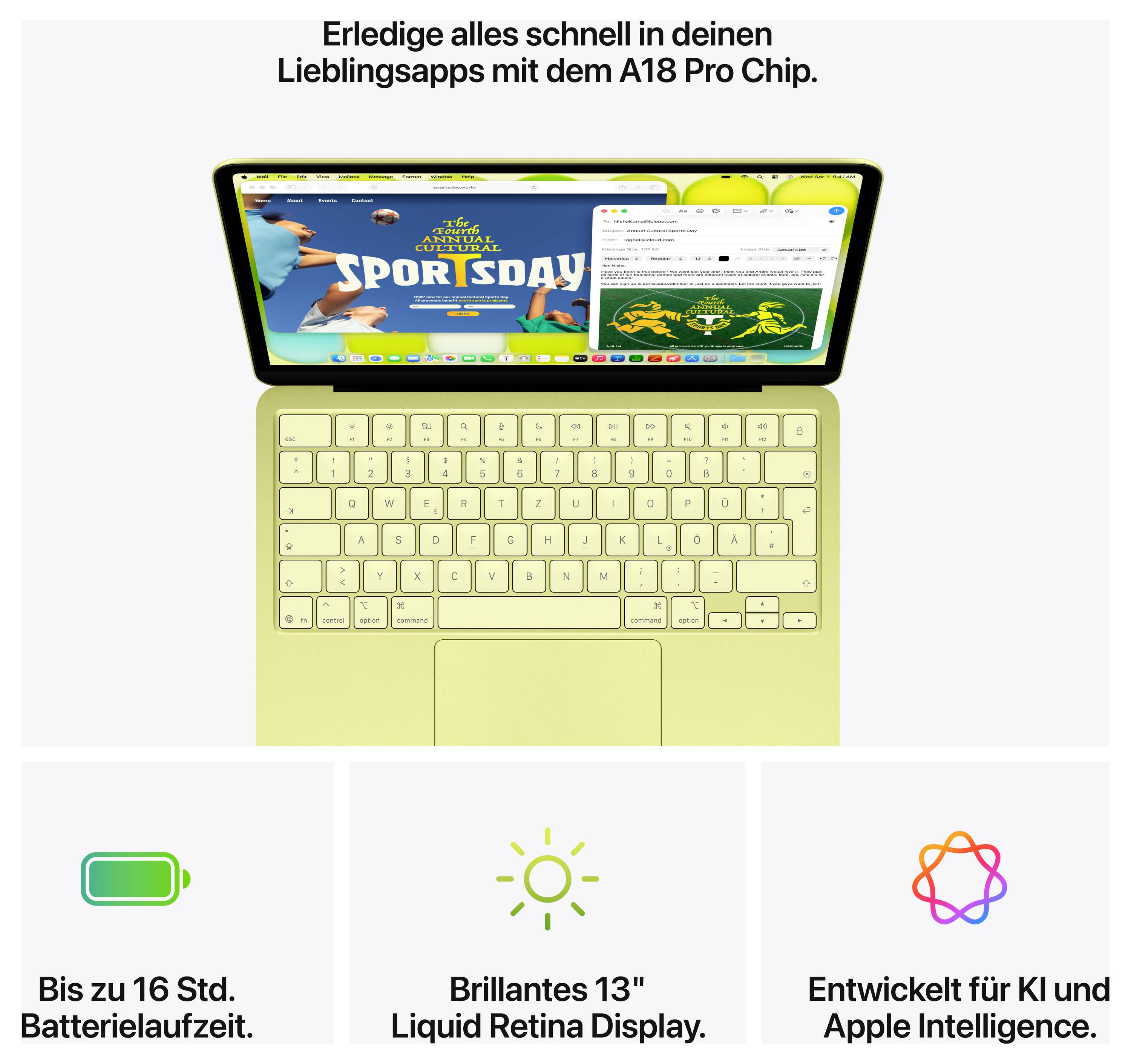 A golden laptop with an open 'Sportsday' website. Text at the top: 'Get everything done quickly in your favourite apps with the A18 Pro Chip'. Icons at the bottom show battery life, Retina Display, AI.