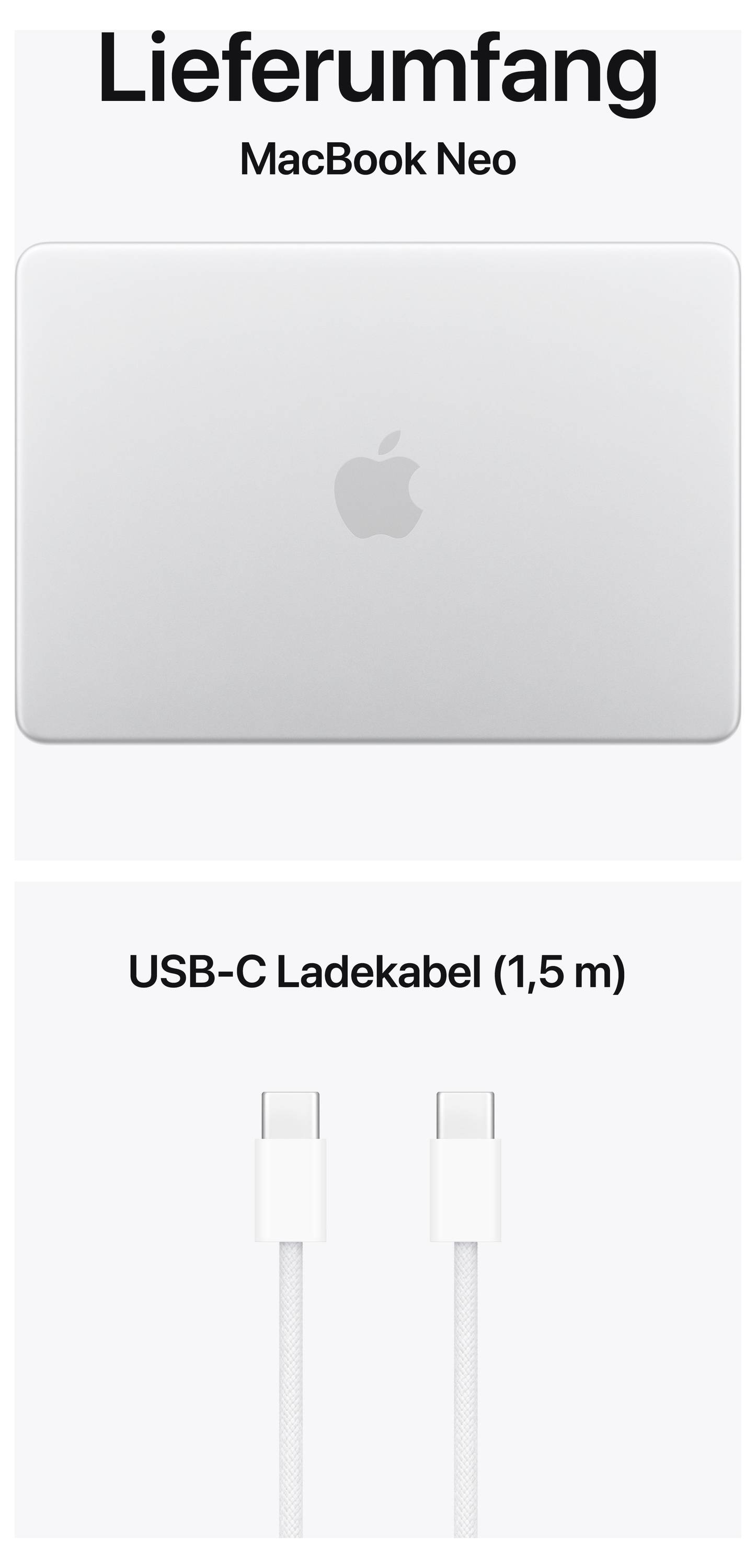 Scope of delivery: MacBook Neo in silver and a USB-C charging cable (1.5 m).