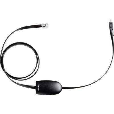A black coiled cord with a headset base and a modular plug on one end, labeled 'Jabra', suitable for telecommunication devices.