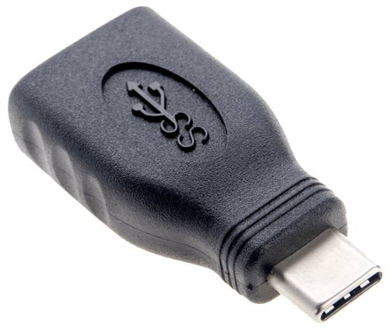 A black USB-C to USB adapter with a USB logo on top, used for connecting a USB cable to a USB-C port.