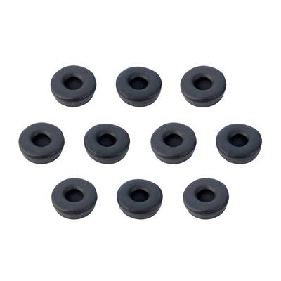 Nine black rubber grommets arranged in three rows on a white background.