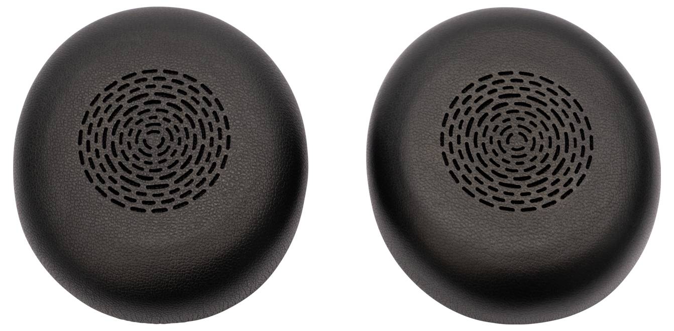 Two black round speaker grilles or earbuds, shown side by side on a white background.