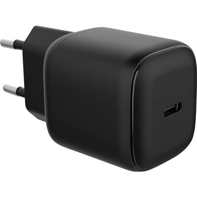 A black USB-C wall charger with a sleek, compact design, featuring two prongs and a single USB-C port on the front.