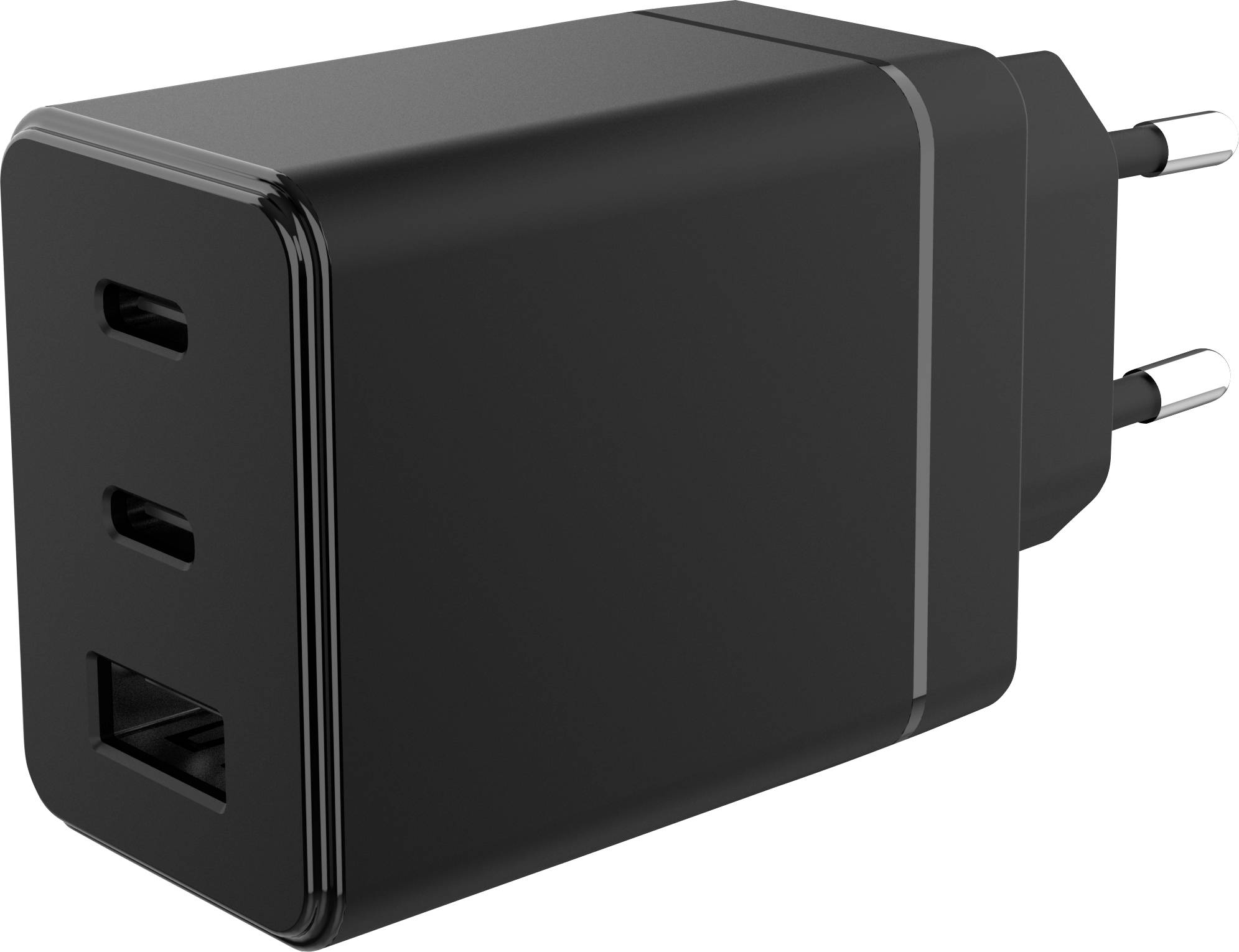 A black wall charger with dual USB-C ports and one USB-A port, designed for fast charging with two prongs for power outlet connection.