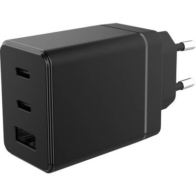 A black wall charger with dual USB-C ports and one USB-A port, designed for fast charging with two prongs for power outlet connection.